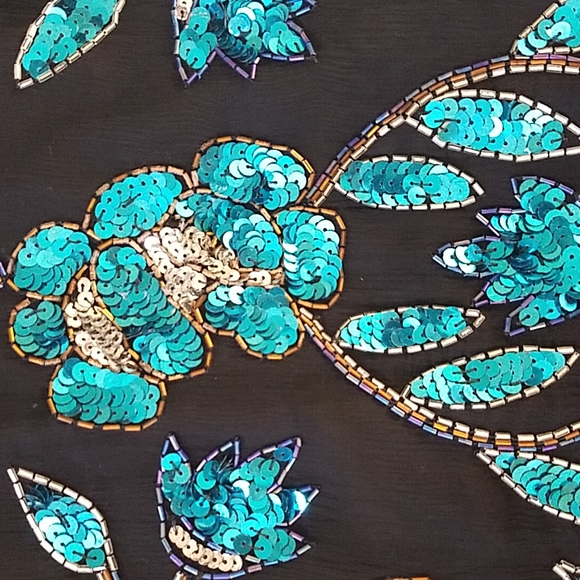 Vintage Sequin Black Silk top Blue flowers  80's 90s Stenay disco date night - Picture 7 of 7